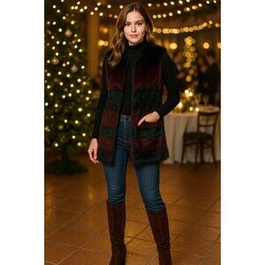 Gianni Bini S Burgundy Emerald Stripe Soft Faux Fur Oversized Lined Vest